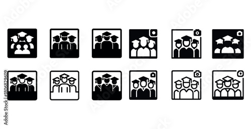 Silhouette icons of graduating students in caps and gowns