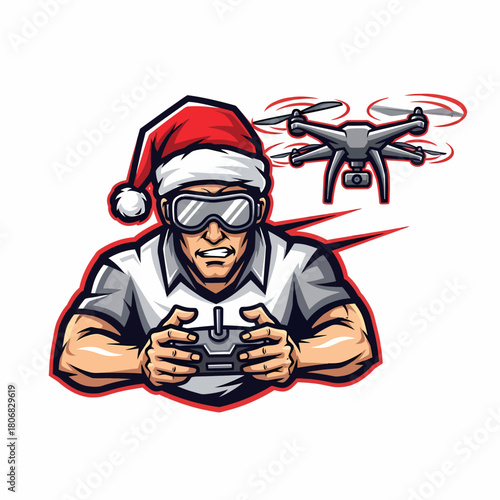 Mascot character man flying drone wearing santa hat goggles