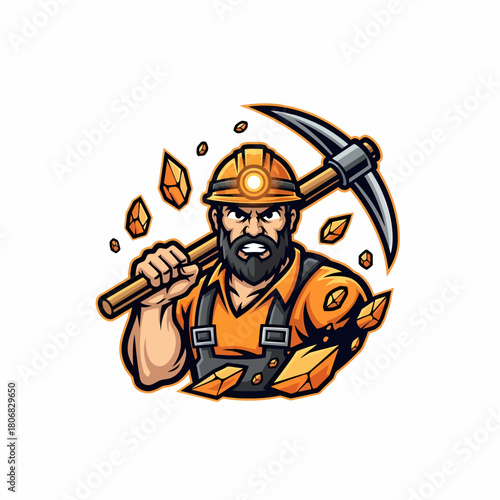 Mascot character illustration miner holding pickaxe surrounded by gems stones