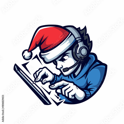 Mascot gamer with santa hat cartoon character playing gadget