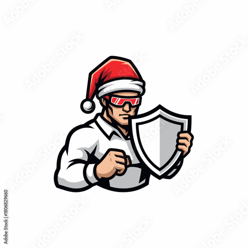 Mascot illustration muscleman santa holds shield Christmas character style