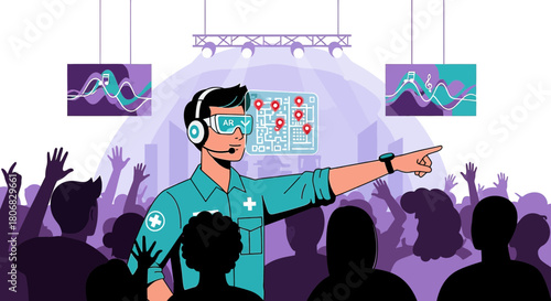 Paramedic using augmented reality for emergency response during a crowded event situation