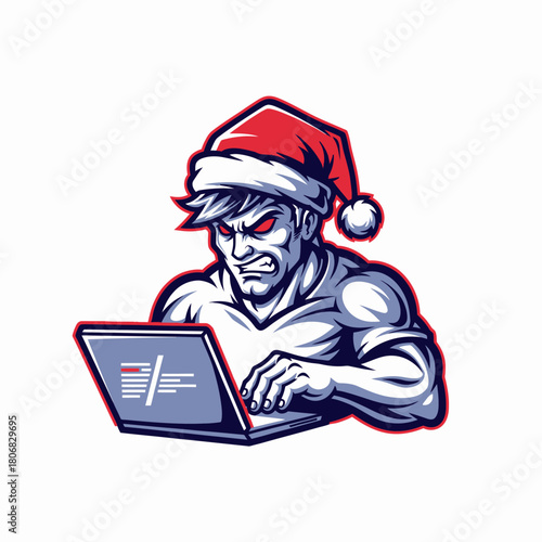 Mascot illustration of Santa Claus hacker coding on laptop with intensity