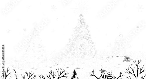 Winter Snowfall Background with Minimalist Trees for Holiday Greeting Card Design