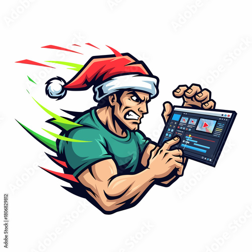 Christmas Video Editing Muscular Man in Santa Hat Navigating Digital Interface