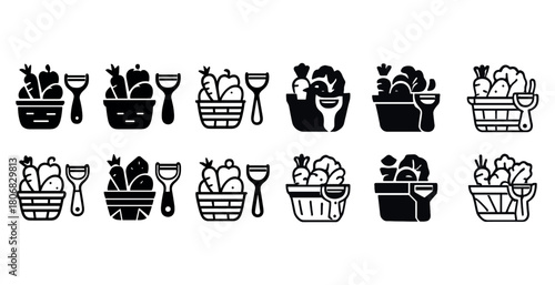 Collection of basket with vegetables and peelers icons in various styles