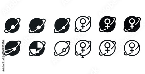 Planet and female symbols icon set in various styles