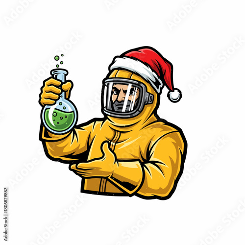 Christmas Scientist in Hazmat Suit Holding Green Liquid Beaker