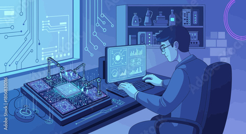 Precision engineering: an engineer overseeing robotic assembly of a complex circuit board system