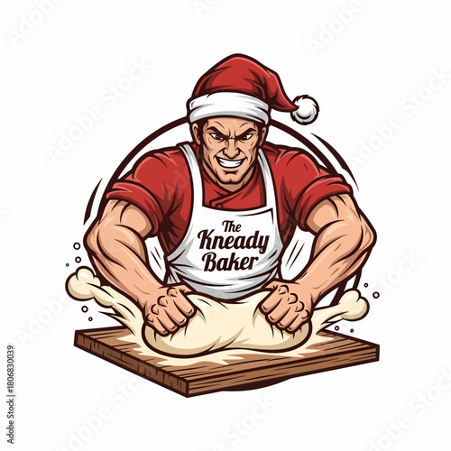 Strong muscular baker wearing a Santa hat kneading dough, a festive Christmas holiday mascot logo