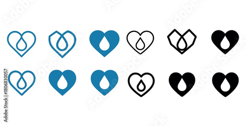Various heart-shaped water drop icons in blue and black styles aligned horizontally