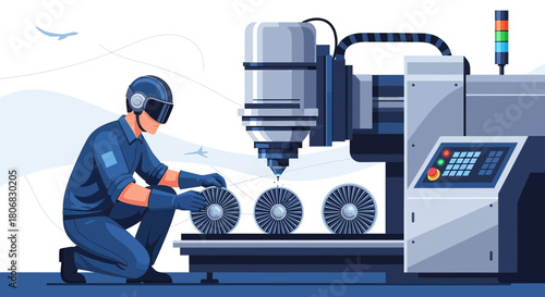 Precision manufacturing process with worker, advanced technology and complex machinery for