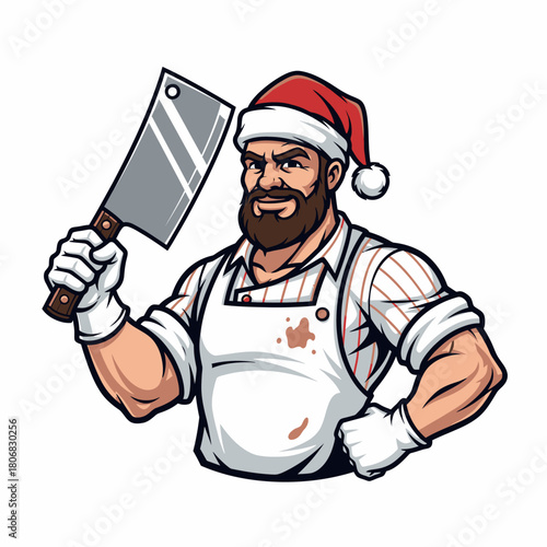 Festive Butcher Mascot with Santa Hat and Cleaver