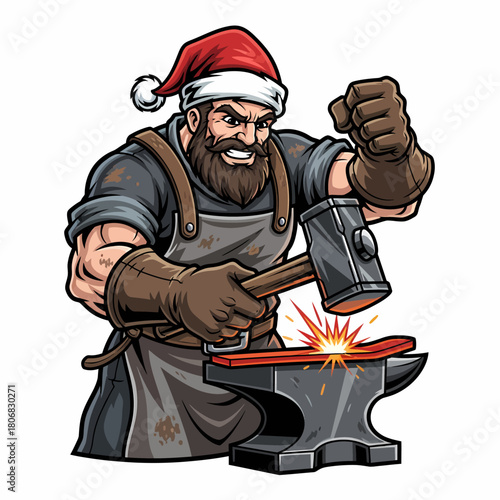 Muscular bearded blacksmith in Santa hat powerfully forging glowing hot metal on an anvil, creating sparks for the festive season
