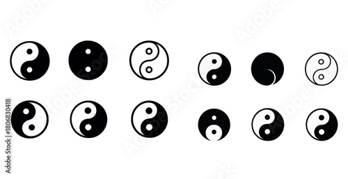 Collection of diverse yin yang symbol variations in black and white design