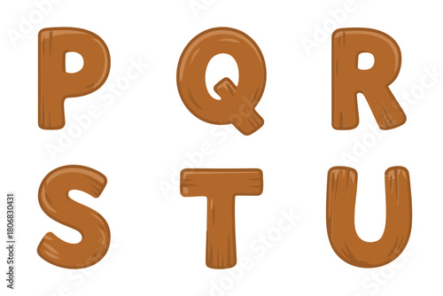 Rounded wooden alphabet P Q R S T U, smooth carved letters, decorative typography set, vector clipart, craft