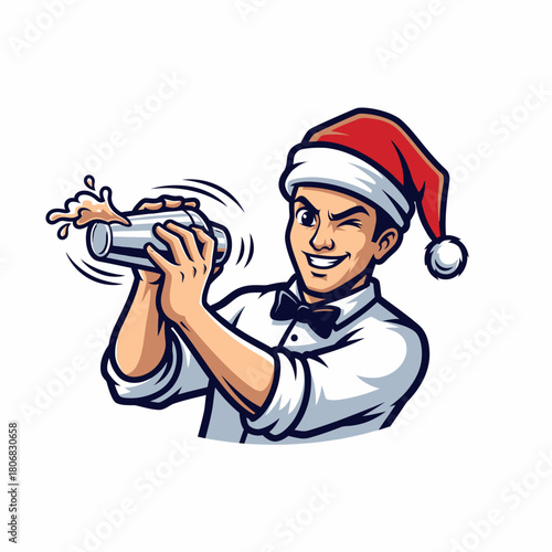 Cartoon bartender mixing festive cocktail wearing christmas santa hat character