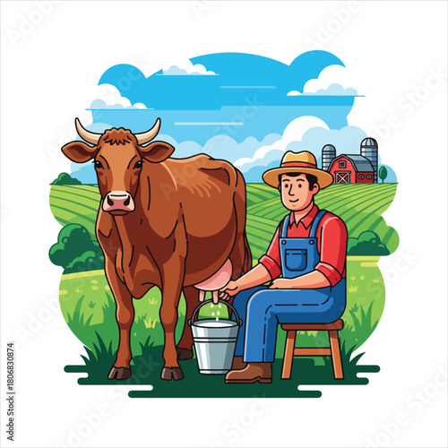 Cartoon illustration of a farmer milking a brown cow in a green field with a barn and blue sky in the background.