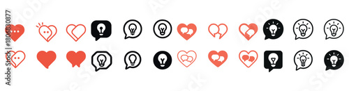Heart, chat, and lightbulb icons in red and black on white background