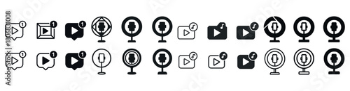 Set of communication and media icons including chat, video, and microphone designs
