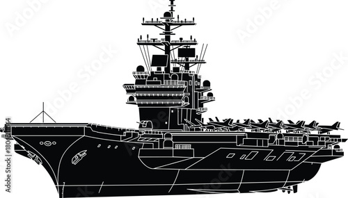 Detailed black and white vector silhouette of a military aircraft carrier with fighter jets on deck isolated on white background.