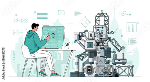 Robotics engineer designing a futuristic robotic system with computer aided design