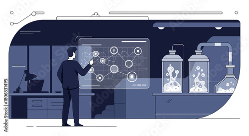 Scientist analyzing data networks in a futuristic laboratory for scientific breakthroughs