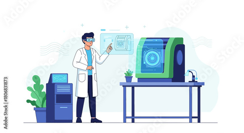 Scientist in futuristic laboratory working with advanced equipment and technology interface