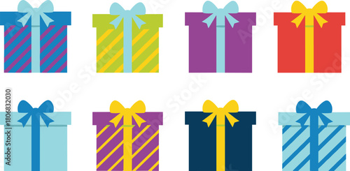 Colorful flat style gift boxes with decorative ribbons and bows arranged in a clean grid, perfect for holiday celebration designs