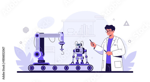 Scientist overseeing robotic arm production and a small robot in a futuristic factory setting
