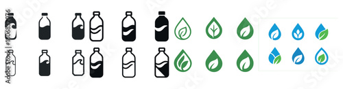 Eco-friendly bottles and leaf icons: black, green, blue variations