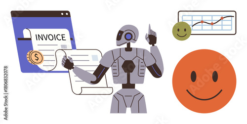 Robot analyzing invoices, financial chart indicating growth, large happy icons symbolizing satisfaction. Ideal for automation, finance, AI, analytics, technology, productivity customer experience