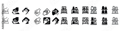 Collection of hand cleaning and shelf icons in various designs and styles