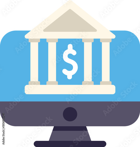 Bank building appearing on a computer screen representing the concept of online banking
