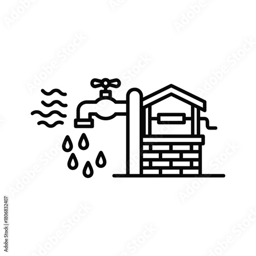 Water well, tap, dripping water, and steam wave outline icon.