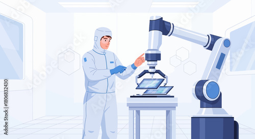 Semiconductor industry professional monitoring quality with robotic arm technology in cleanroom