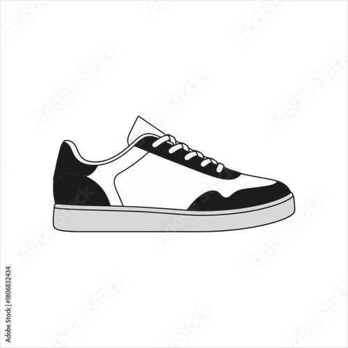 A simple, black and white illustration of a single athletic shoe, side view.