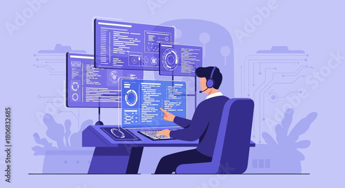 Software developer working at multiple screens writing code for a new application project