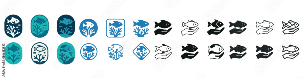 Fototapeta premium Aquatic icons set: fish and seaweed designs