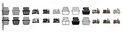 Various styles of laundry basket icons in line and solid designs