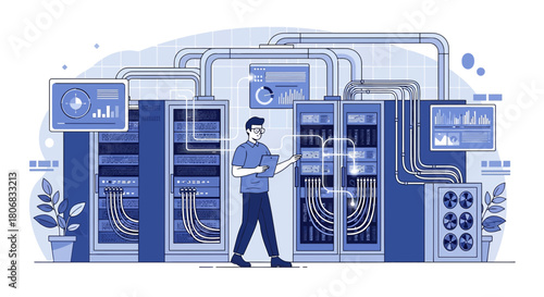 System administrator managing server room infrastructure and data network maintenance with