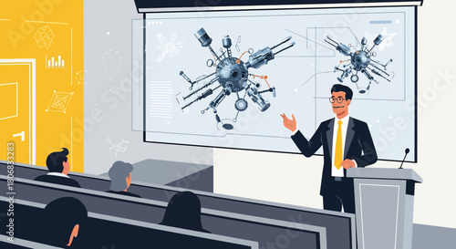 The presenter delivers an engaging lecture on the intricacies of robotic engineering to a