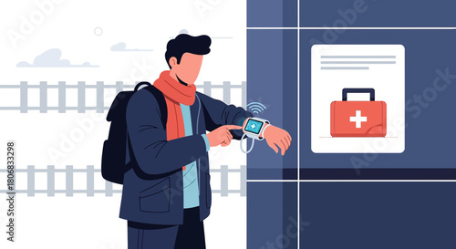 Traveler utilizing smartwatch for accessing healthcare information near medical station guide