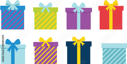 Colorful gift box collection with ribbons and bows in various decorative designs, featuring festive wrapped presents for celebration, holiday, and party themes