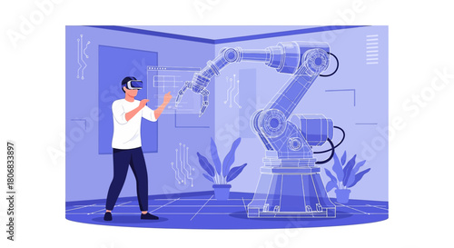 Virtual reality interaction with robotic arm showcasing futuristic technology integration and user
