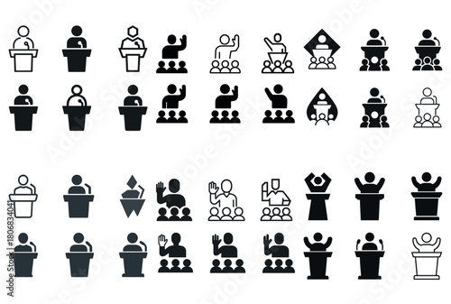 Collection of iconic stick figures demonstrating public speaking and audience engagement