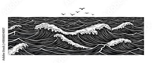 Black and white ocean waves illustration with birds flying artwork eps silhouette