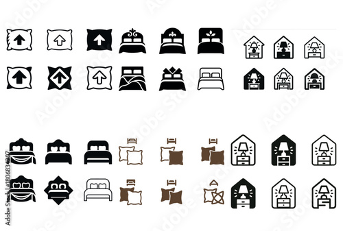 Set of bedroom furniture and decor icons in various styles