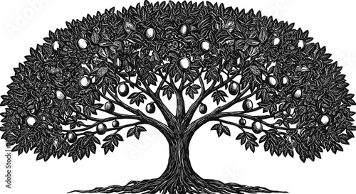 Fruit tree illustration, black and white art, woodcut style, symmetrical canopy, bold lines, nature symbol, vector drawing, stock image