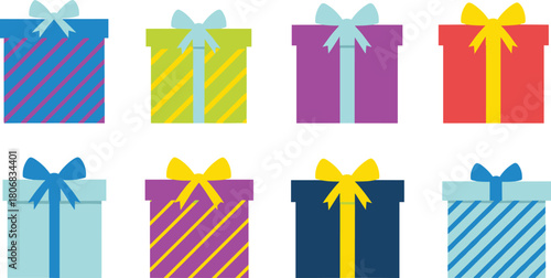 Colorful wrapped gift boxes with decorative bows and ribbons in vibrant festive designs, perfect for celebration, birthday, holiday, and party themes